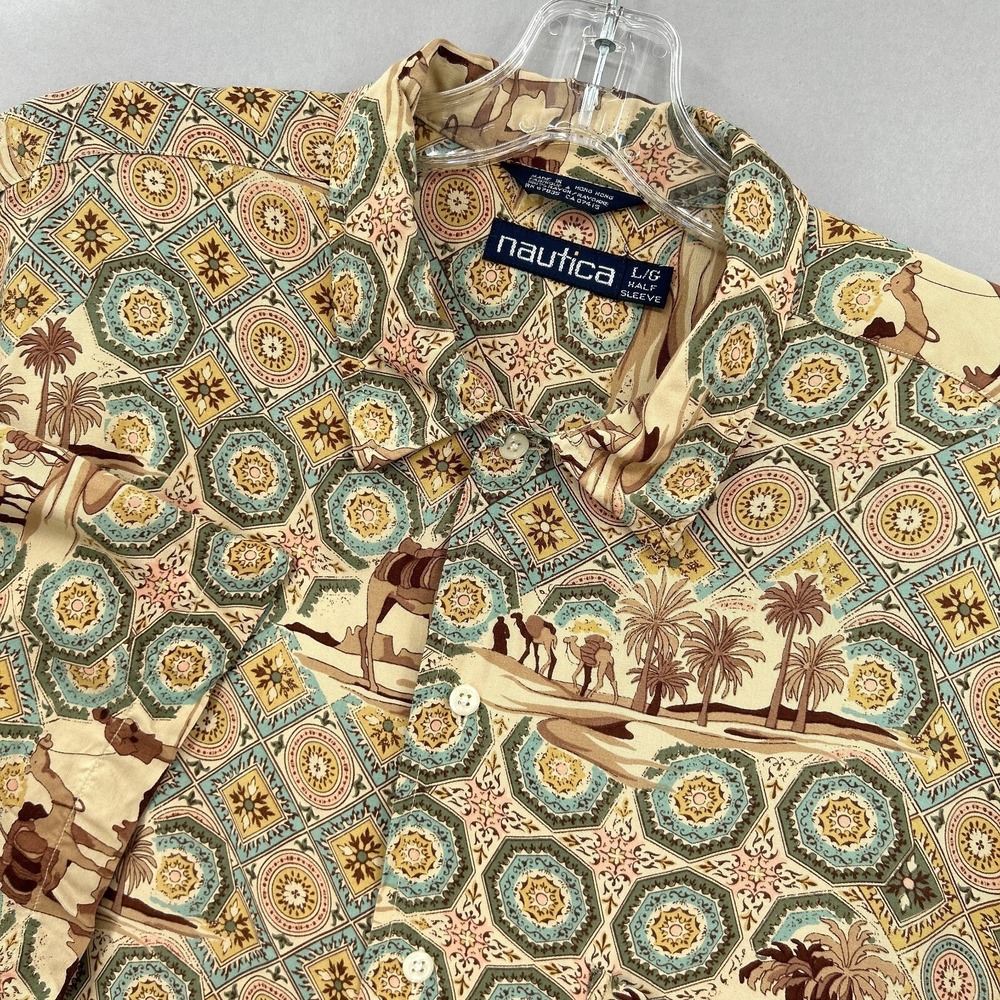 Vintage Nautica Shirt Mens Large Button Up Geometric‎ Medallion Rayon 90s AOP